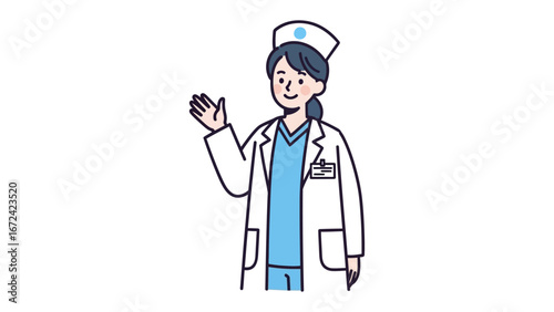 Gentle Healthcare Professional: A medical professional in a crisp white coat, with a calm smile, extends a welcoming hand, inviting trust and conveying expertise. 