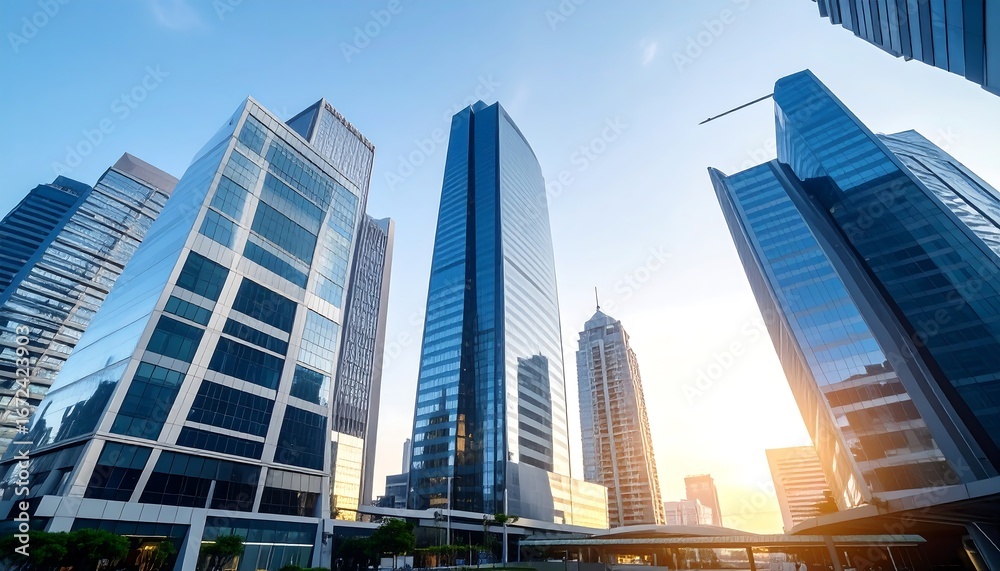 Fototapeta premium Low-angle view of glass skyscrapers against a bright blue sky at golden hour