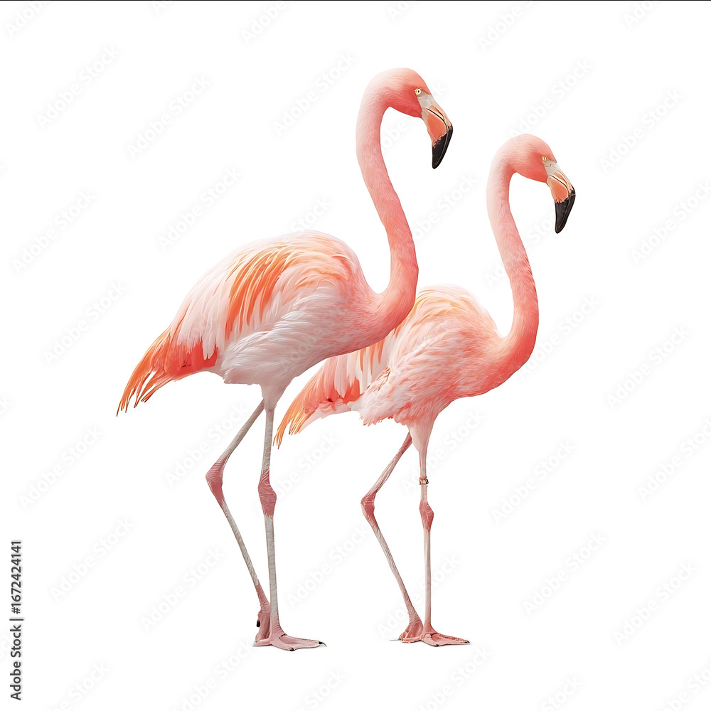 Fototapeta premium Two pink flamingos standing on a white background full body realistic photography