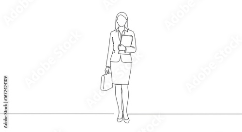 Businesswoman standing with briefcase and folders, single line drawing.