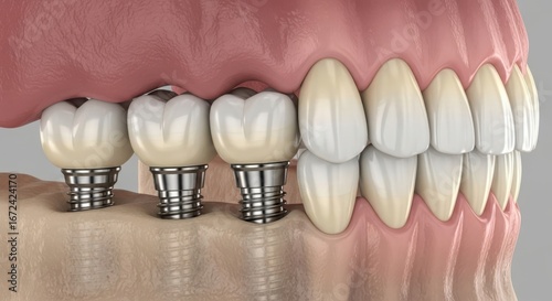 Detailed dental implant model showing surgical placement and natural tooth crowns for advanced oral healthcare