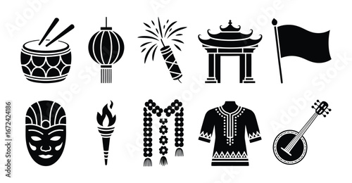 Cultural heritage icon set featuring drum, lantern, firecracker, temple gate, flag, ceremonial mask, torch, necklace, tunic, and lute