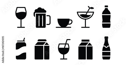 Beverage container icon set featuring wine glass, beer mug, teacup, cocktail, bottle, soda can, milk carton, juice glass, and champagne