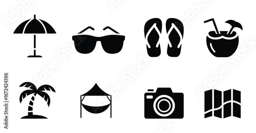 Vacation and leisure icon set featuring beach umbrella, sunglasses, flip-flops, coconut drink, palm tree, hammock, camera, and map