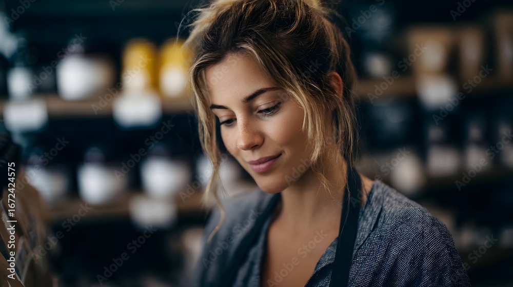Obraz premium Female shop owner organizing products on a shelf