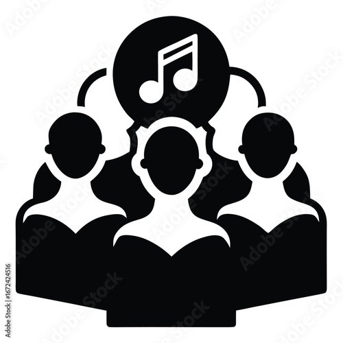 Musical Harmony in Silhouette: A graphic representation of a choir group in silhouette, connected through the universal symbol of music - a note, the essence of harmony and artistic expression.