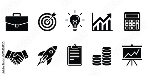 Business and finance icon set featuring briefcase, target, light bulb, chart, calculator, handshake, rocket, clipboard, coins, and graph