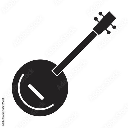 Banjo Silhouette: An isolated illustration of a classic banjo, a stringed instrument, rendered in stark, graphic silhouette, perfect for representing music and cultural heritage.