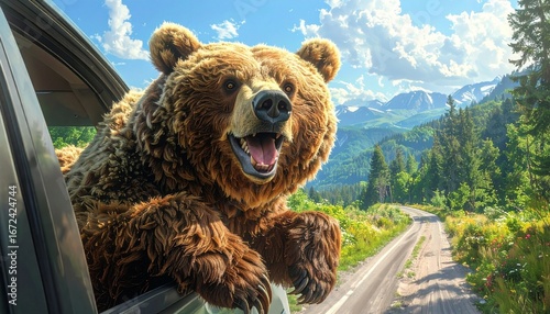Cheerful Bear Enjoying a Scenic Drive on a Sunny Day with Lush Greenery, Blue Sky, Fluffy Clouds, and Majestic Mountain View