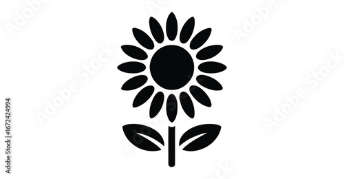 Stylized sunflower silhouette icon with circular center, radiating petals, and leaves—ideal for nature, floral, seasonal, and design themes