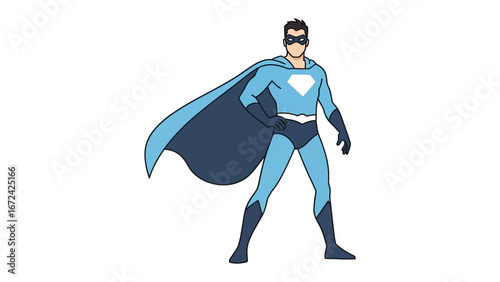 Superhero in Action: A powerful superhero stands ready, exuding confidence, in an illustrated pose with a flowing cape, embodying heroism and strength. 