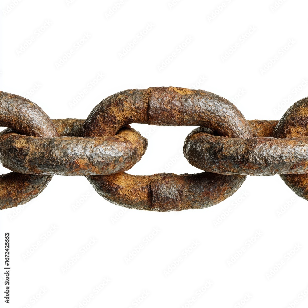 Fototapeta premium A close-up view of a rusty metal chain, showcasing its weathered texture and strong links. The links appear interconnected, symbolizing strength and connection