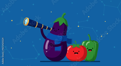 Astronomical Eggplant, Tomato, and Bell Pepper Observing Night Sky Constellations