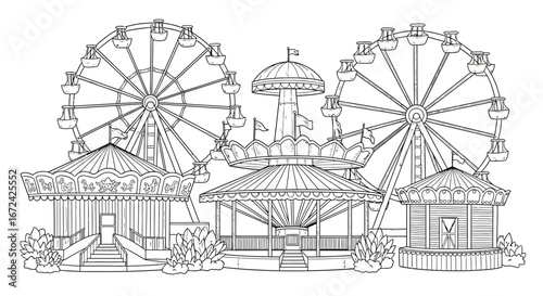 Large Amusement Park with Ferris Wheels and Attractions, Coloring Page, Isolated White Background