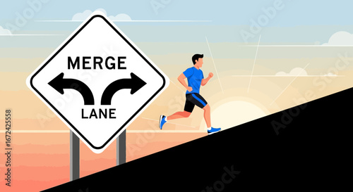Athlete Ascends Challenging Slope, Guided by Merge Lane Sign, Towards Bright Sunrise