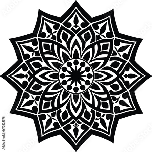 Vector art of intricate mandala design featuring a symmetrical arrangement of floral and geometric elements, creating a visually appealing and balanced composition for various creative projects