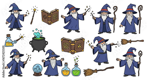 Group of Wizards and Magical Spell Items, Fantasy Characters Collection, Coloring Page, Isolated White Background