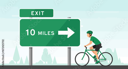 Athlete On Bicycle Rides Towards Highway Exit Illustrating Distance and Route in Minimalistic Style