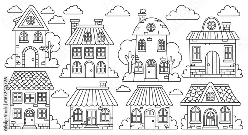 Collection of Cute Houses and Buildings with Various Architectural Styles and Clouds, Isolated White Background