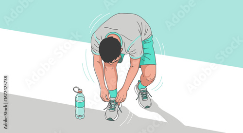 Athlete Prepares For Exercise, Tying Shoe, Refreshing With Hydration Near Fresh Scene