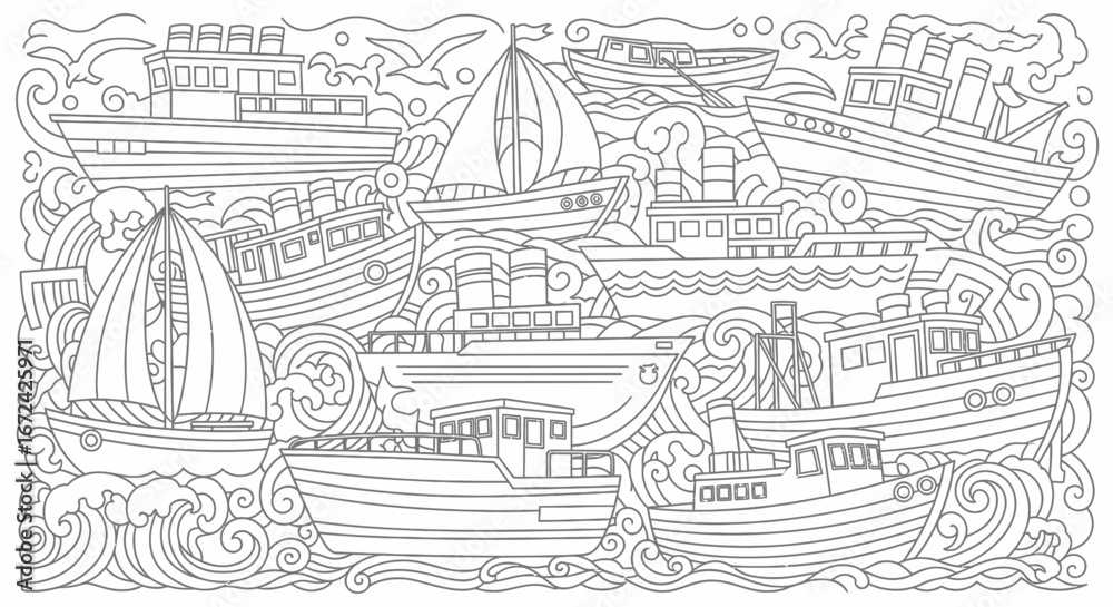 Fototapeta premium Detailed Collection of Boats and Ships on Wavy Water, Isolated White Background, Nautical Outline Coloring Page