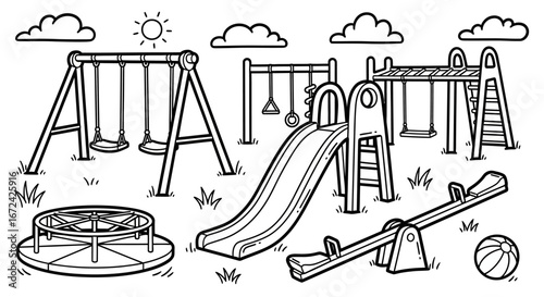 Fun Playground Equipment with Swings, Slide, and Seesaw, Isolated White Background, Outdoor Play Outline Coloring Page