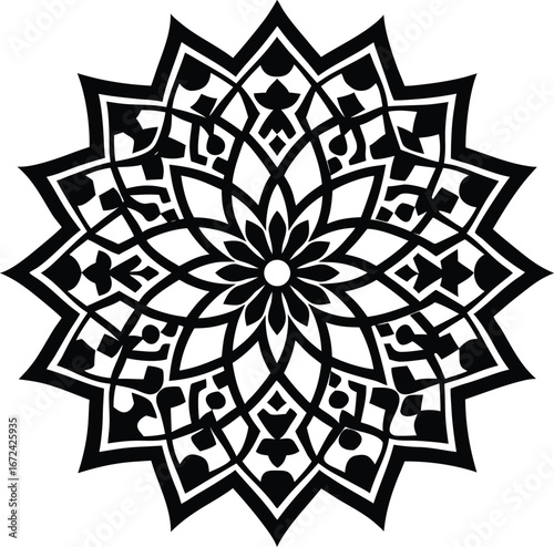 Vector art of intricate floral mandala design featuring symmetrical patterns, geometric shapes, and decorative elements for artistic and spiritual applications, creating a visually appealing ornament