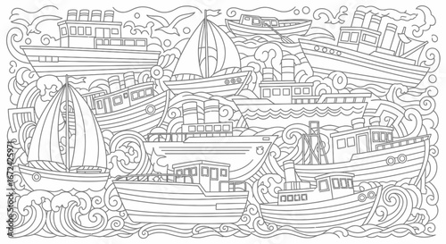 Detailed Collection of Boats and Ships on Wavy Water, Isolated White Background, Nautical Outline Coloring Page