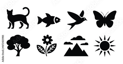Nature and animal icon set featuring cat, fish, bird, butterfly, tree, flower, mountain with clouds, and sun—ideal for eco and lifestyle themes