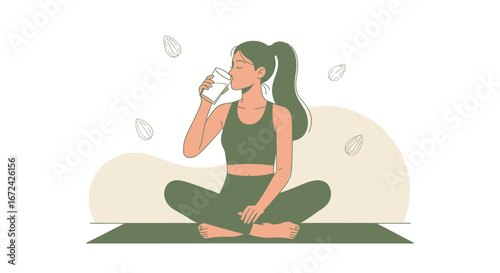 Attractive Woman Enjoying Beverage After Yoga Session in a Calm, Peaceful Environment