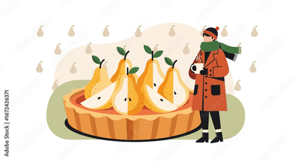 Obraz premium Autumn Delight Featuring Pear Tart And Warm Beverage In A Stylish Winter Scene