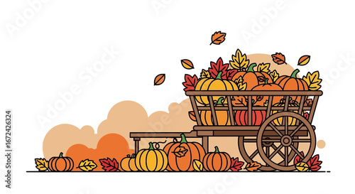Autumn Cart Embracing Pumpkins And Seasonal Leaves Depicting Harvesting Traditions