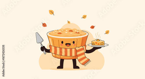 Autumn Dessert Cartoon Character With Cute Scarf and Fall Season Leaves.