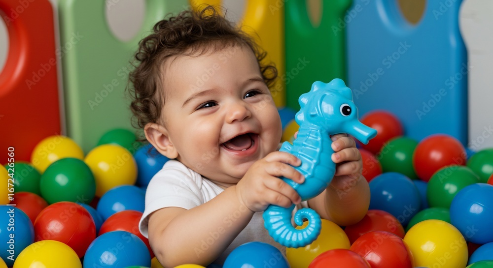 Obraz premium Fr�hliches Baby spielt leuchtend mit Seepferdchen B�llebad Sonnenlicht. AI Generated