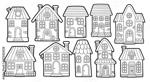 Collection of Diverse Houses and Buildings in Outline Drawing Style for a Neighborhood Scene on an Isolated White Background