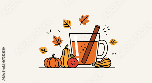 Autumn Harvest Beverage Illustration Featuring Pumpkin, Apple, and Cinnamon Delight