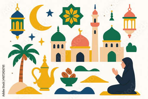 Flat Vector Illustration of Islamic and Arab Motifs with Playful Colors