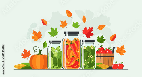 Autumn Harvest Display: Preserved Vegetables, Pumpkins, and Fall Foliage Illustration