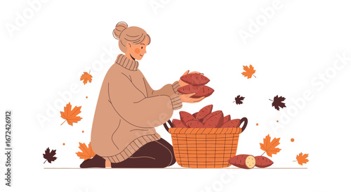 Autumn Harvest: Illustration Depicting Woman Gathering Sweet Potatoes in a Basket