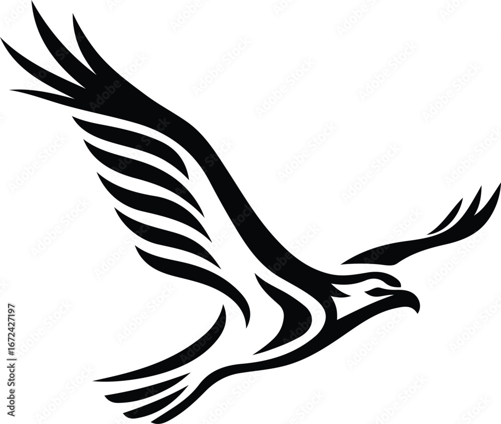 Fototapeta premium Stylized black eagle in flight with spread wings bird, Majestic eagle silhouette black and white