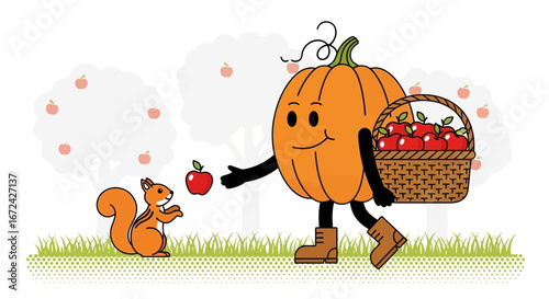 Autumn Harvest Pumpkin Offers a Red Apple to Cheerful Squirrel Friend Always Smiling