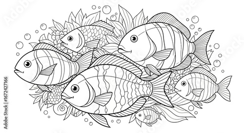 Detailed Outline Drawing of a Group of Fish in an Underwater Scene with Plants and Bubbles