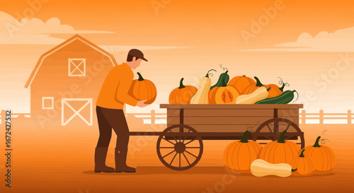 Autumn Harvest Scene: Farmer Delivering Pumpkins to a Wooden Cart on a Farm Field