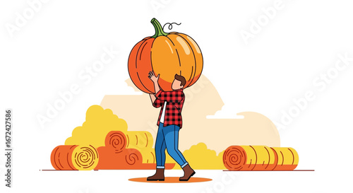 Autumn Harvest Scene Featuring A Farmer Carrying A Large Pumpkin