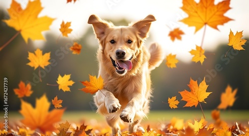 Golden retriever dog running through autumn leaves in a park on a sunny day