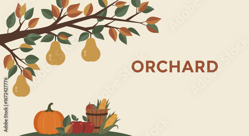 Autumn Orchard Harvesting Bounty Illustration with Pumpkin, Apples, and Pear Fruits Abundance Design