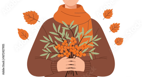 Autumnal Abundance: A Warm Embrace Of Sea Buckthorn And Falling Leaves