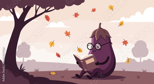 Autumnal Ambiance: A Whimsical Eggplant Enjoys Literary Pursuit Under Leafy Canopy Scene