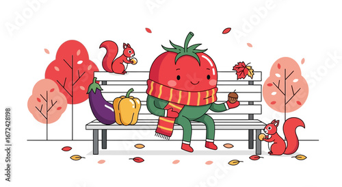 Autumnal Delight: Charming Tomato Character Enjoys Cozy Bench in Park-Like Atmosphere