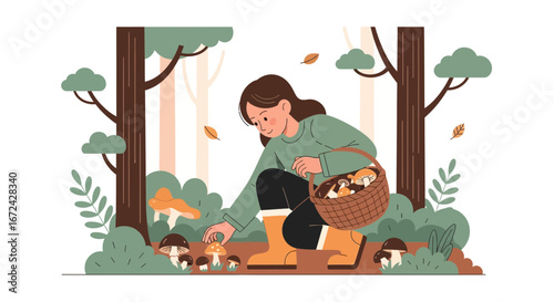 Autumnal Foraging: Woman Gathering Mushrooms In A Tranquil Forest Scene